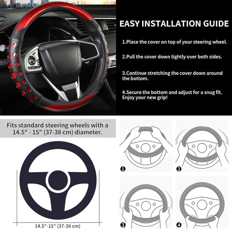 PU Leather Car Steering Wheel Cover with Non-Slip Grip, Suitable for Both Men and Women, Universal Fits 14.5-15 Inch Cars, Trucks, SUVs (Red (Round), Medium (Standard) Size [14 1/2-15 Inches])