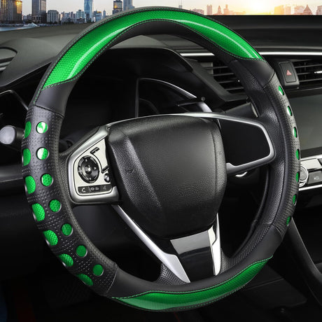 PU Leather Car Steering Wheel Sleeve with Non-Slip Grip, Suitable for Both Men and Women, Universal Fits 14.5-15 Inch Cars, Trucks, SUVs (Green (Round), Medium (Standard) Size [14 1/2-15 Inches]) )