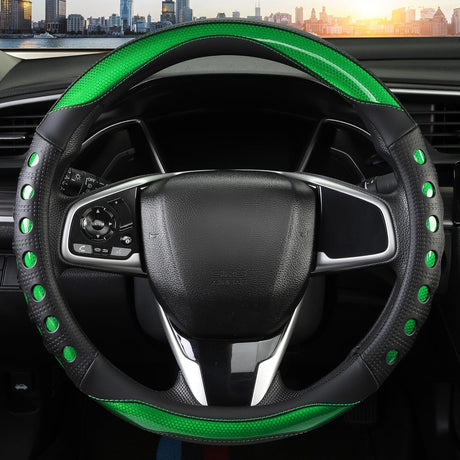 PU Leather Car Steering Wheel Sleeve with Non-Slip Grip, Suitable for Both Men and Women, Universal Fits 14.5-15 Inch Cars, Trucks, SUVs (Green (Round), Medium (Standard) Size [14 1/2-15 Inches]) )