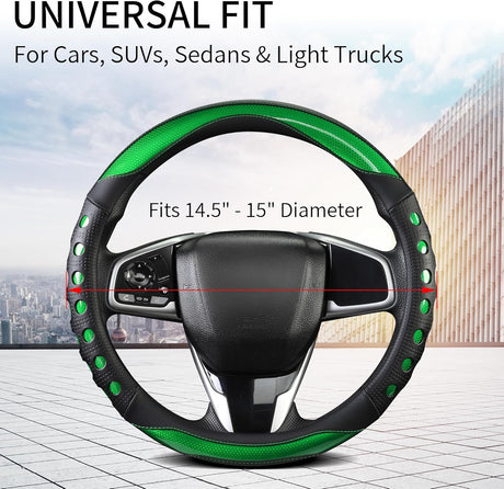 PU Leather Car Steering Wheel Sleeve with Non-Slip Grip, Suitable for Both Men and Women, Universal Fits 14.5-15 Inch Cars, Trucks, SUVs (Green (Round), Medium (Standard) Size [14 1/2-15 Inches]) )