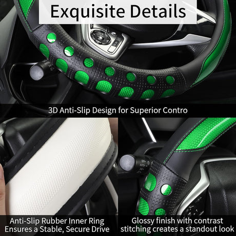 PU Leather Car Steering Wheel Sleeve with Non-Slip Grip, Suitable for Both Men and Women, Universal Fits 14.5-15 Inch Cars, Trucks, SUVs (Green (Round), Medium (Standard) Size [14 1/2-15 Inches]) )