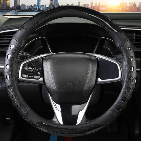 PU Leather Car Steering Wheel Cover with Non-Slip Grip, Suitable for Both Men and Women, Universal Fits 14.5-15 Inch Cars, Trucks, SUVs (Black (Round), Medium (Standard) Size [14 1/2-15 Inches]) )