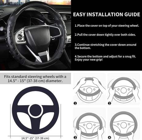 PU Leather Car Steering Wheel Cover with Non-Slip Grip, Suitable for Both Men and Women, Universal Fits 14.5-15 Inch Cars, Trucks, SUVs (Black (Round), Medium (Standard) Size [14 1/2-15 Inches]) )