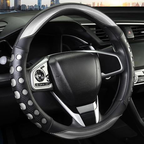 PU Leather Car Steering Wheel Cover with Non-Slip Grip, Suitable for Both Men and Women, Universal Fits 14.5-15 Inch Cars, Trucks, SUVs (Grey (Round), Medium (Standard) Size [14 1/2-15 Inches])