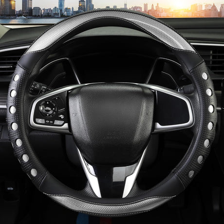 PU Leather Car Steering Wheel Cover with Non-Slip Grip, Suitable for Both Men and Women, Universal Fits 14.5-15 Inch Cars, Trucks, SUVs (Grey (Round), Medium (Standard) Size [14 1/2-15 Inches])