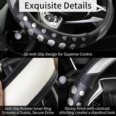 PU Leather Car Steering Wheel Cover with Non-Slip Grip, Suitable for Both Men and Women, Universal Fits 14.5-15 Inch Cars, Trucks, SUVs (Grey (Round), Medium (Standard) Size [14 1/2-15 Inches])