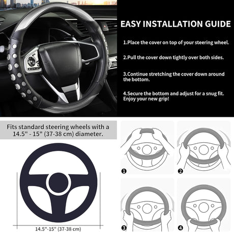 PU Leather Car Steering Wheel Cover with Non-Slip Grip, Suitable for Both Men and Women, Universal Fits 14.5-15 Inch Cars, Trucks, SUVs (Grey (Round), Medium (Standard) Size [14 1/2-15 Inches])