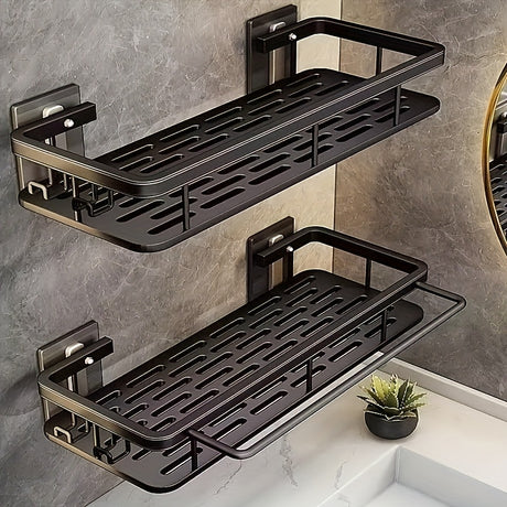 Black Wall-Mounted Storage Shelf - Heavy-Duty Plastic, No-Drill Adhesive Installation, Space-Saving Bathroom and Kitchen Organizer
