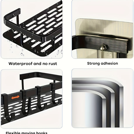 Black Wall-Mounted Storage Shelf - Heavy-Duty Plastic, No-Drill Adhesive Installation, Space-Saving Bathroom and Kitchen Organizer