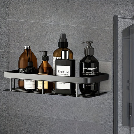 Black Wall-Mounted Storage Shelf - Heavy-Duty Plastic, No-Drill Adhesive Installation, Space-Saving Bathroom and Kitchen Organizer