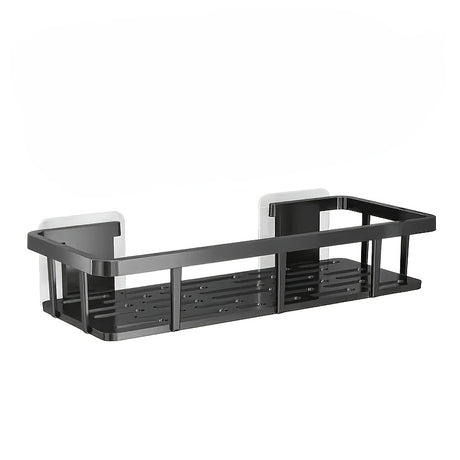 Black Wall-Mounted Storage Shelf - Heavy-Duty Plastic, No-Drill Adhesive Installation, Space-Saving Bathroom and Kitchen Organizer