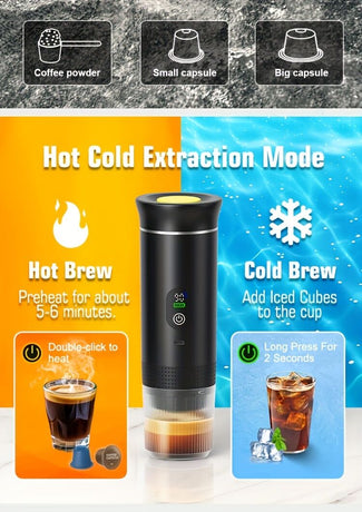 BALCK Upgraded Portable Coffee Maker with Temperature and Power Display, USB-C Charging, Self-Heating & Cold Brew Functions, Compatible with Coffee Capsules/Ground Coffee. Perfect Espresso Machine for Home, Office,