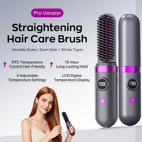 New Portable Hair Straightening Comb, USB rechargeable, 4000mAh battery, includes charging dock. Intelligent digital temperature control, dual use for straightening and curling, long-lasting hold without damaging hair, BLACK