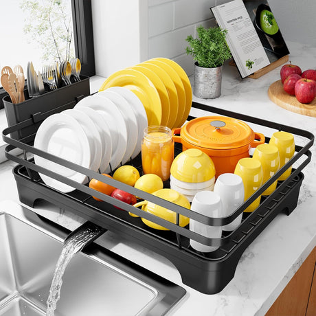 Dish Drying Rack - Multi-Functional Dish Rack for Kitchen Counter with Cutlery Holder, Rust-Proof Storage Solution with Rotatable,  Black
