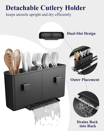 Dish Drying Rack - Multi-Functional Dish Rack for Kitchen Counter with Cutlery Holder, Rust-Proof Storage Solution with Rotatable,  Black