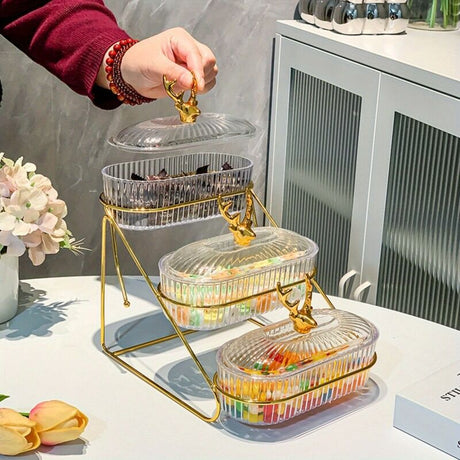 Fashion Three-Tier Covered Snack and Fruit Tray - Sturdy Metal Frame, Nordic Design, Suitable for Kitchen, Living Room, and Parties | Perfect for Holding Dried Fruits, Candies, Nuts | Easy to Clean, Versatile Appetizer Plate, Ideal for Serving and Hosting