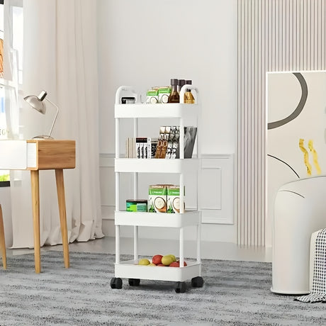 Four-Tier Rolling Cosmetics Storage Rack - Made of durable plastic, equipped with 360-degree swivel casters, strong load-bearing capacity - Suitable for bathroom, bedroom, kitchen, and home storage | White