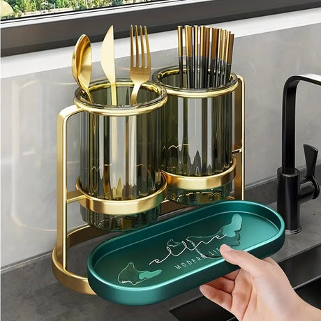 Solid white gold Luxury Wall-Mounted Cutlery Holder, Household Knife Fork Spoon Organizer, New Kitchen Utensil Drainer and Chopstick Container, Tableware Storage Rack