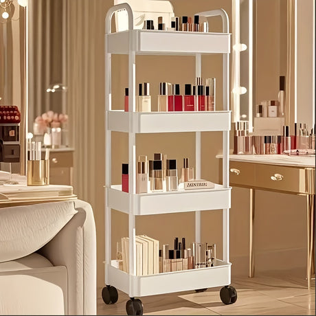 Three-Tier Rolling Cosmetics Storage Rack - Made of durable plastic, equipped with 360-degree swivel casters, strong load-bearing capacity - Suitable for bathroom, bedroom, kitchen, and home storage | White