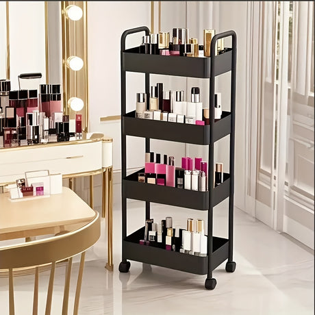 Four-Tier Rolling Cosmetics Storage Rack - Made of durable plastic, equipped with 360-degree swivel casters, strong load-bearing capacity - Suitable for bathroom, bedroom, kitchen, and home storage | BLACK