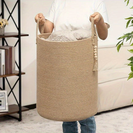 Brown Gray round rope laundry basket, tassel laundry basket, high quality laundry basket, bohemian laundry basket, stylish laundry basket, boho rope basket, large laundry hamper, Australian home decor