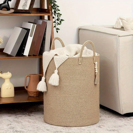 Brown Gray round rope laundry basket, tassel laundry basket, high quality laundry basket, bohemian laundry basket, stylish laundry basket, boho rope basket, large laundry hamper, Australian home decor