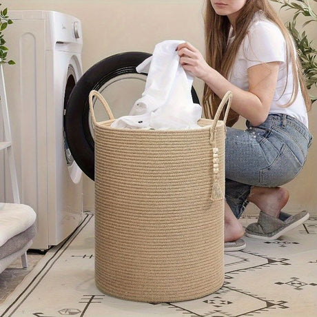 Brown Gray round rope laundry basket, tassel laundry basket, high quality laundry basket, bohemian laundry basket, stylish laundry basket, boho rope basket, large laundry hamper, Australian home decor
