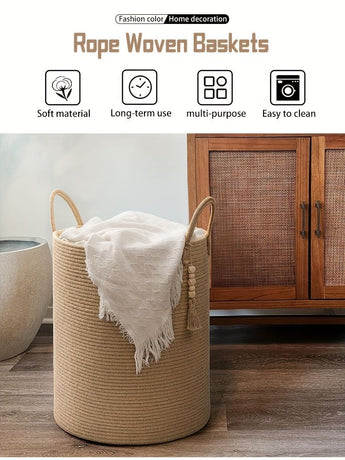 Brown Gray round rope laundry basket, tassel laundry basket, high quality laundry basket, bohemian laundry basket, stylish laundry basket, boho rope basket, large laundry hamper, Australian home decor