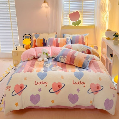 Lucky Heart-Shaped Bedding Set 3-Piece Bedding Heart Pattern Bedding Soft - Love - themed powder - Size 220*240cm