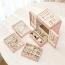 Pink  1 Large Faux Leather Jewelry Storage Box with 5 Drawers and Gold Handles - An elegant rectangular storage space for rings, necklaces, bracelets, earrings, and watches - Features soft fabric lining, side door design, textured surface finish - Luxury