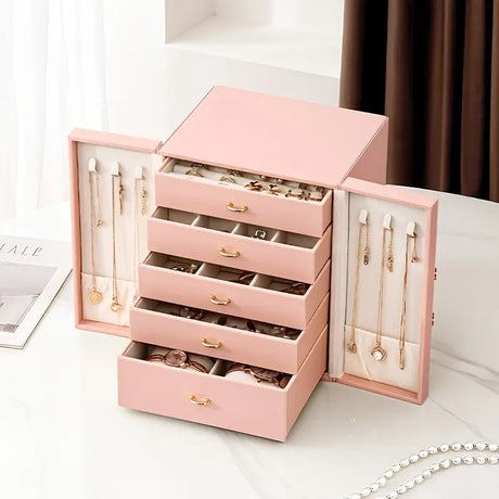 Pink  1 Large Faux Leather Jewelry Storage Box with 5 Drawers and Gold Handles - An elegant rectangular storage space for rings, necklaces, bracelets, earrings, and watches - Features soft fabric lining, side door design, textured surface finish - Luxury