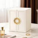 Pink  1 Large Faux Leather Jewelry Storage Box with 5 Drawers and Gold Handles - An elegant rectangular storage space for rings, necklaces, bracelets, earrings, and watches - Features soft fabric lining, side door design, textured surface finish - Luxury