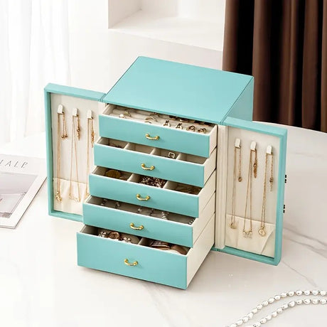 Blue  1 Large Faux Leather Jewelry Storage Box with 5 Drawers and Gold Handles - An elegant rectangular storage space for rings, necklaces, bracelets, earrings, and watches - Features soft fabric lining, side door design, textured surface finish - Luxury