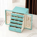 Blue  1 Large Faux Leather Jewelry Storage Box with 5 Drawers and Gold Handles - An elegant rectangular storage space for rings, necklaces, bracelets, earrings, and watches - Features soft fabric lining, side door design, textured surface finish - Luxury