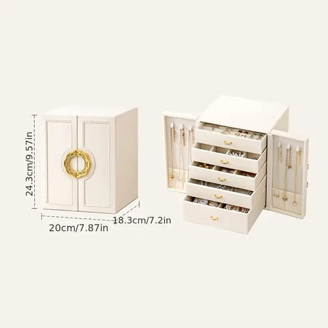 Blue  1 Large Faux Leather Jewelry Storage Box with 5 Drawers and Gold Handles - An elegant rectangular storage space for rings, necklaces, bracelets, earrings, and watches - Features soft fabric lining, side door design, textured surface finish - Luxury
