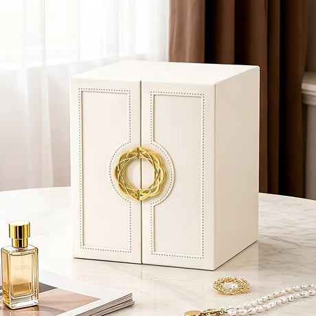 Blue  1 Large Faux Leather Jewelry Storage Box with 5 Drawers and Gold Handles - An elegant rectangular storage space for rings, necklaces, bracelets, earrings, and watches - Features soft fabric lining, side door design, textured surface finish - Luxury