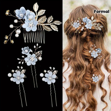 PINK 4-Piece Elegant Light Luxury Pearl Flower Hair Accessories Set, Bridal Wedding Hairpin and Hairpin Headdress Set, Bridesmaid Gift Banquet Ornament Set for Women's Hairpin