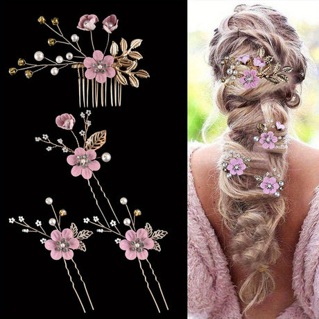 PINK 4-Piece Elegant Light Luxury Pearl Flower Hair Accessories Set, Bridal Wedding Hairpin and Hairpin Headdress Set, Bridesmaid Gift Banquet Ornament Set for Women's Hairpin