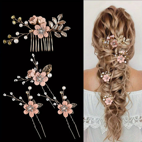 Purple 4-Piece Elegant Light Luxury Pearl Flower Hair Accessories Set, Bridal Wedding Hairpin and Hairpin Headdress Set, Bridesmaid Gift Banquet Ornament Set for Women's Hairpin