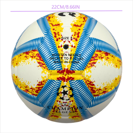 A yellow, blue and red football with color matching size5, PU fitting material, Christmas Boxing Day gift, including pump+air needle+net bag set,soccer