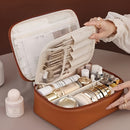 High-capacity multi-layer travel makeup organizer, featuring removable compartments and a brush holder—a portable beauty case, elegantly painted storage box, designed as a standalone unit, no assembly required.（BLACK）