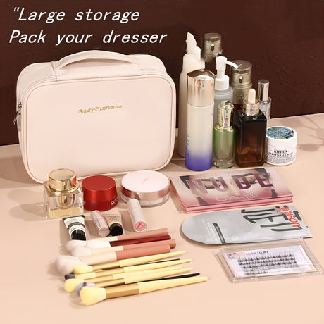 High-capacity multi-layer travel makeup organizer, featuring removable compartments and a brush holder—a portable beauty case, elegantly painted storage box, designed as a standalone unit, no assembly required.（pink）