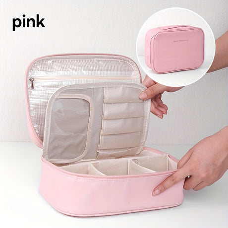High-capacity multi-layer travel makeup organizer, featuring removable compartments and a brush holder—a portable beauty case, elegantly painted storage box, designed as a standalone unit, no assembly required.（WHITE）