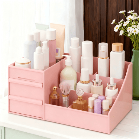 Milky white Multi-Compartment Large-Capacity Desktop Storage Box Keeps vanity tables and desks neat and organized—lipsticks, masks, makeup brushes all stored in one box. Easy access, seamlessly fits into various settings.