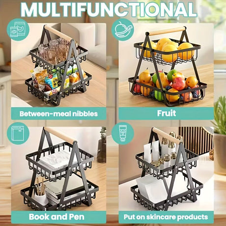 Heavy-Duty Metal Fruit Storage Basket (2-Layer Removable Divider) – Space-Saving Organizer for Kitchen, Refrigerator, Pantry & Dining Table – Sturdy Rectangular Design, Modern Kitchenware | Durable Structure