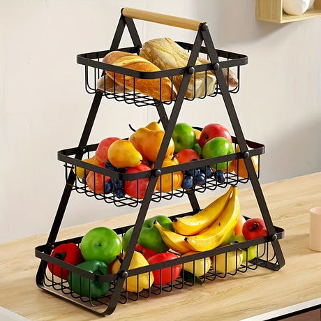 Heavy-Duty Metal Fruit Storage Basket (3-Layer Removable Divider) – Space-Saving Organizer for Kitchen, Refrigerator, Pantry & Dining Table – Sturdy Rectangular Design, Modern Kitchenware | Durable Structure