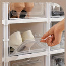 6-Tier Stackable Shoe Storage Box Set, featuring easy-access front-opening waterproof transparent plastic storage bins with no assembly required - perfect for closets and entryways.