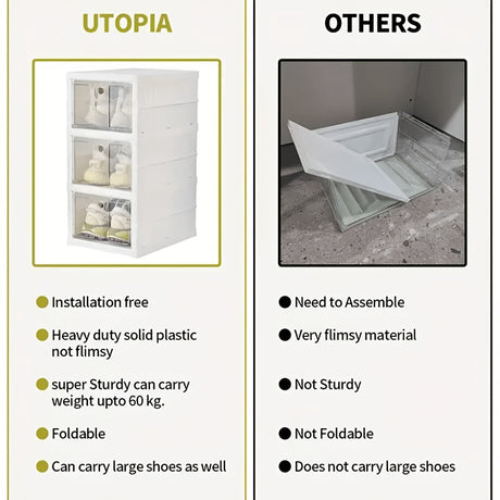 3-Tier Stackable Shoe Storage Box Set, featuring easy-access front-opening waterproof transparent plastic storage bins with no assembly required - perfect for closets and entryways.