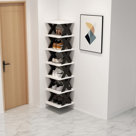 9-Tier Foldable White/Black Shoe Rack, space-saving vertical design for entry halls, living rooms, bedrooms, closets, balconies—an essential organizing storage shelf for college dormitories.