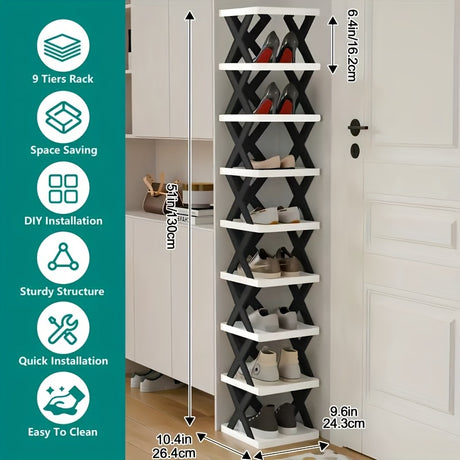 9-Tier Foldable White/Black Shoe Rack, space-saving vertical design for entry halls, living rooms, bedrooms, closets, balconies—an essential organizing storage shelf for college dormitories.